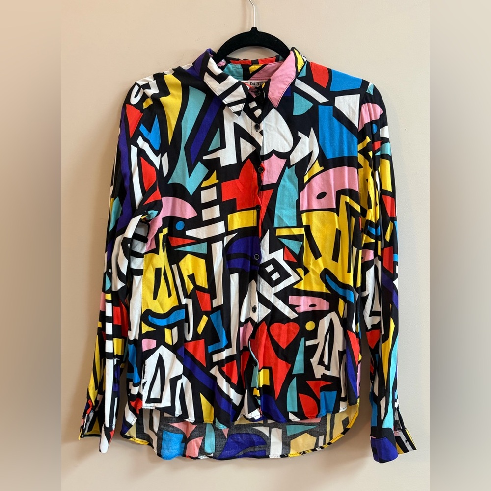 Big Dart Multicolor Abstract Pop Art Long Sleeve Button Down Shirt Blouse Top